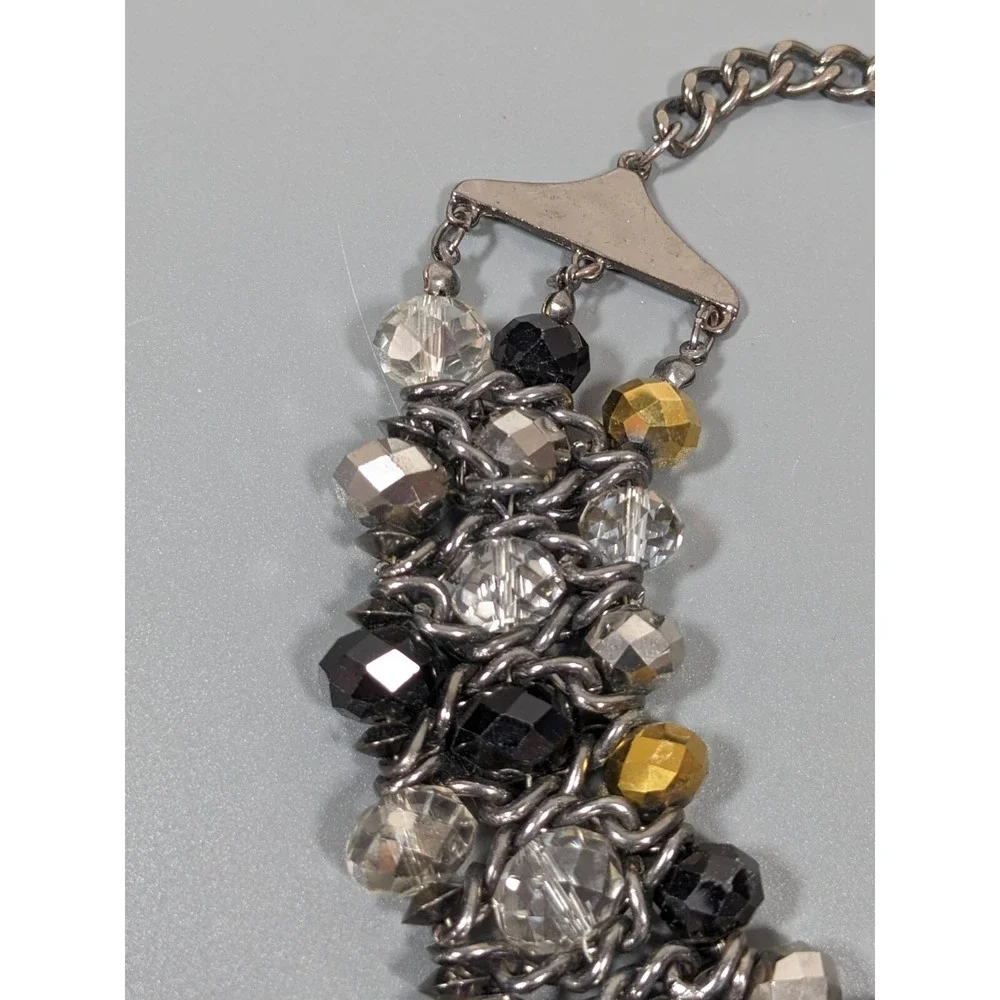 Gunmetal Gray Black Gold Glass Bead Woven Bib‎ Statement Necklace 19